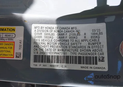 2023 Honda Civic Si Sedan z USA, uszkodzony, nr VIN 2HGFE1E51PH473161